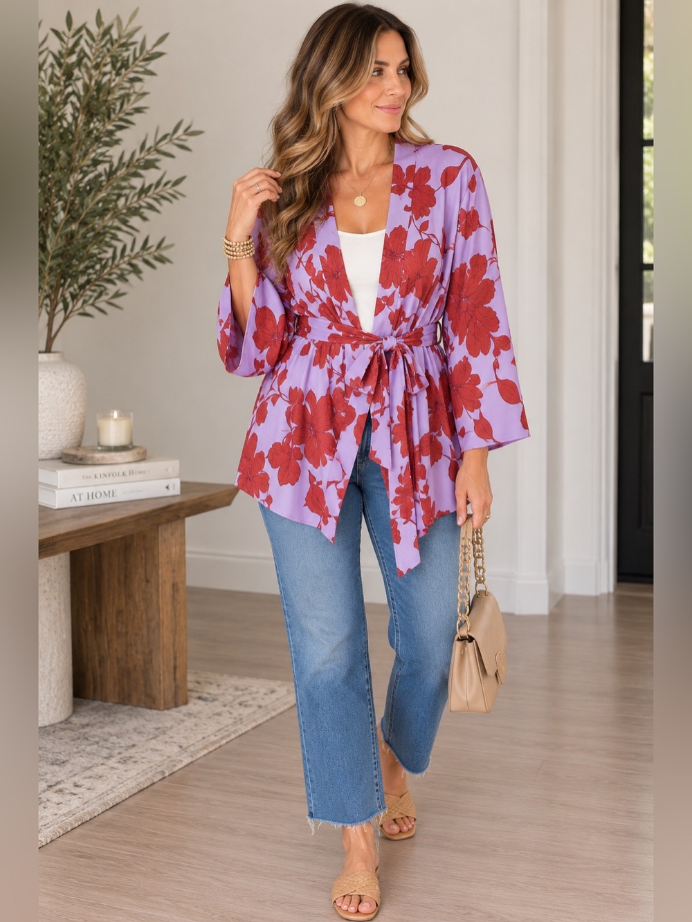 Ann Taylor Floral Silky Kimono Tie Waist Jacket M/L